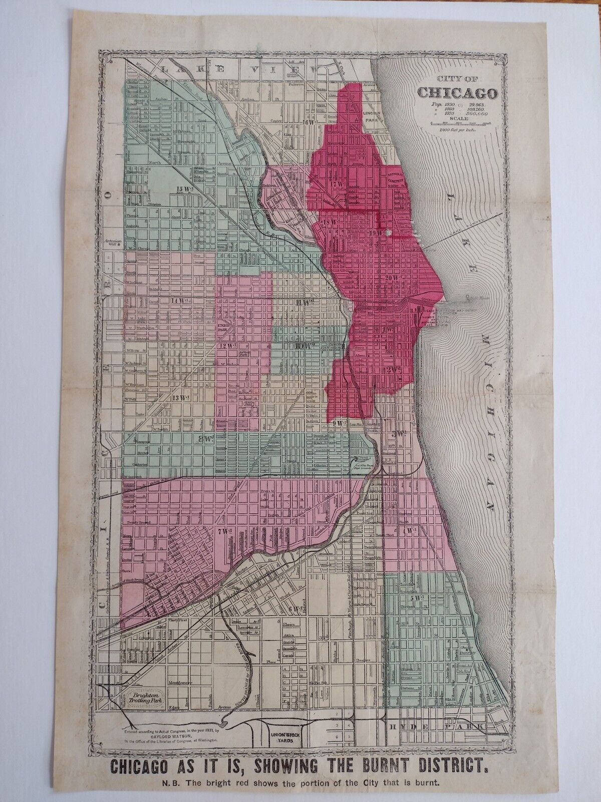 Map Of Chicago Fire 1871 As It Is Showing The Burnt District Antique  Watson